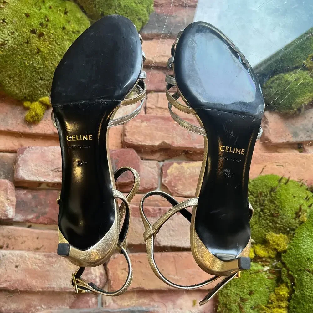 CELINE Metallic Gold/Silver Lambskin Triomphe Sandals SZ 36.5 (US 6.5) - Picture 6 of 11